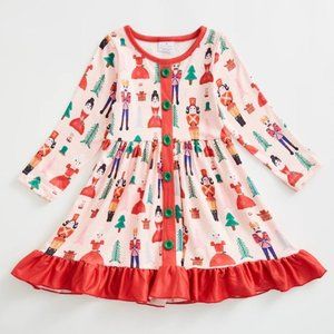 Boutique Christmas Nutcracker Girls Pink Long Sleeve Ruffle Dress